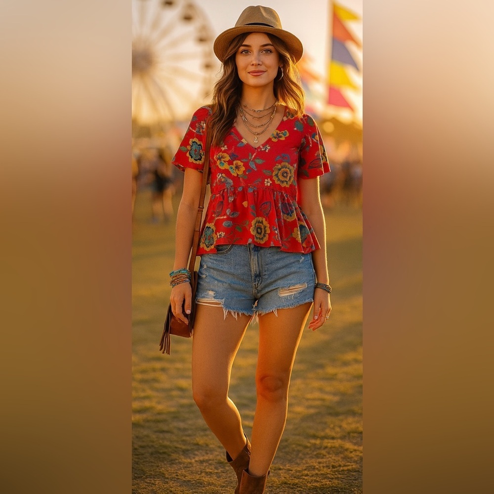 Jodifl Red‎ Floral Peplum Blouse Cottagecore Boho Summercore Retro Size M - Picture 4 of 11